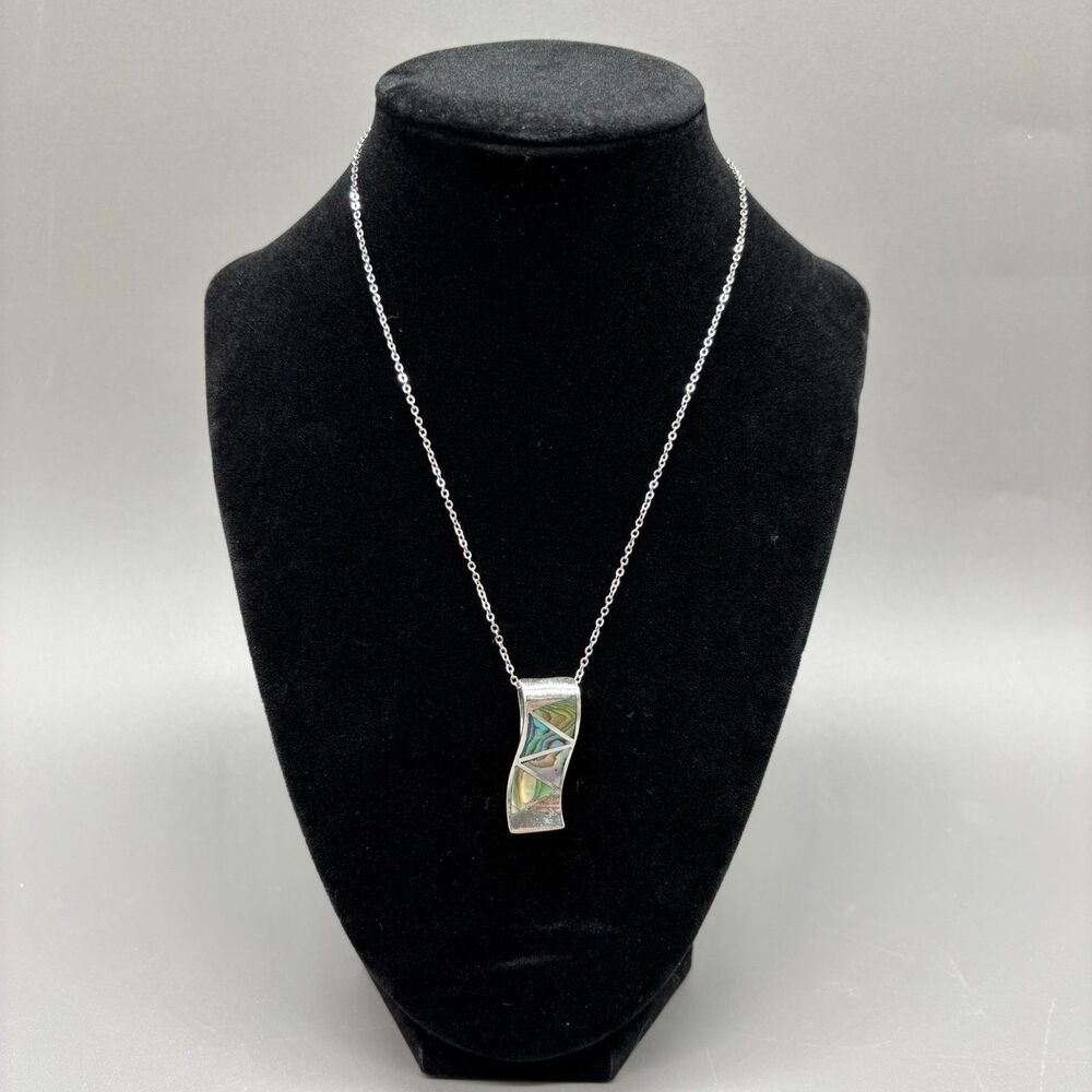 925 Sterling Silver Abalone Pendant Necklace Modernist Wave Geometric Inlay